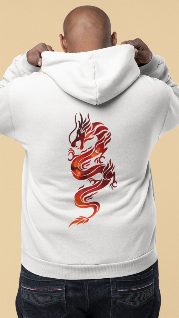 man in white hoodie with red dragon art