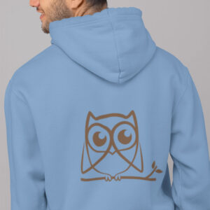 man in blue hoodie with brown owl art