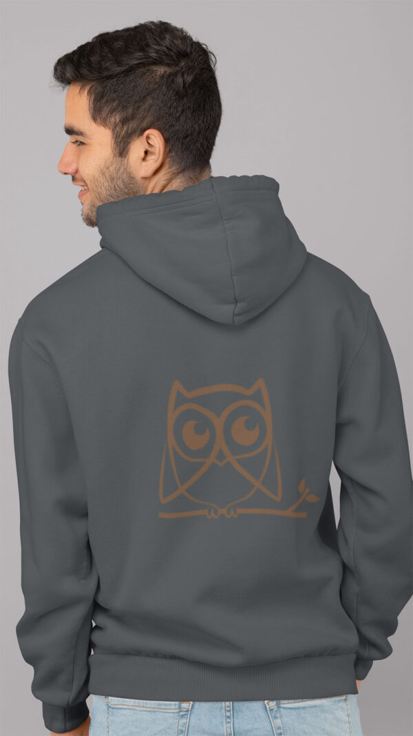 man in grey hoodie with brown owl art