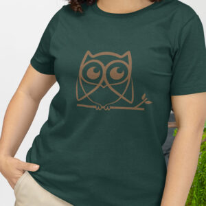 woman in green shirt with brown owl art