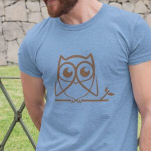 man in blue shirt with brown owl art