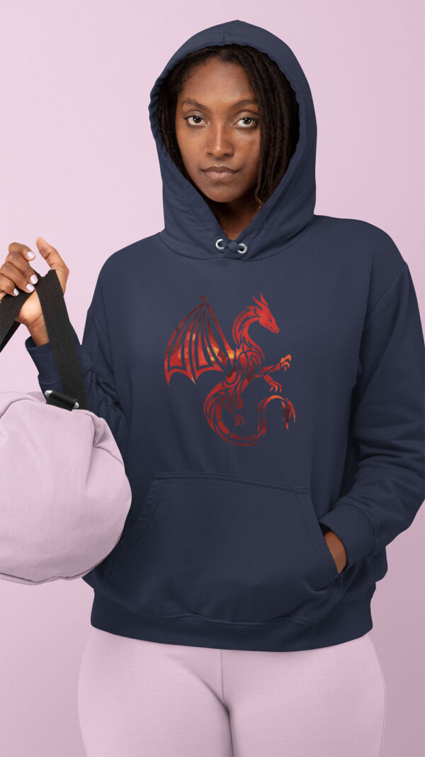woman in grey hoodie with red dragon art