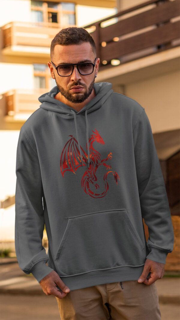 man in grey hoodie with red dragon art