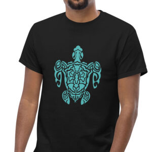 man in black shirt with green turtle art
