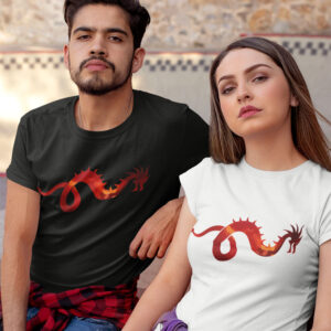 man and woman in shirts with dragon art
