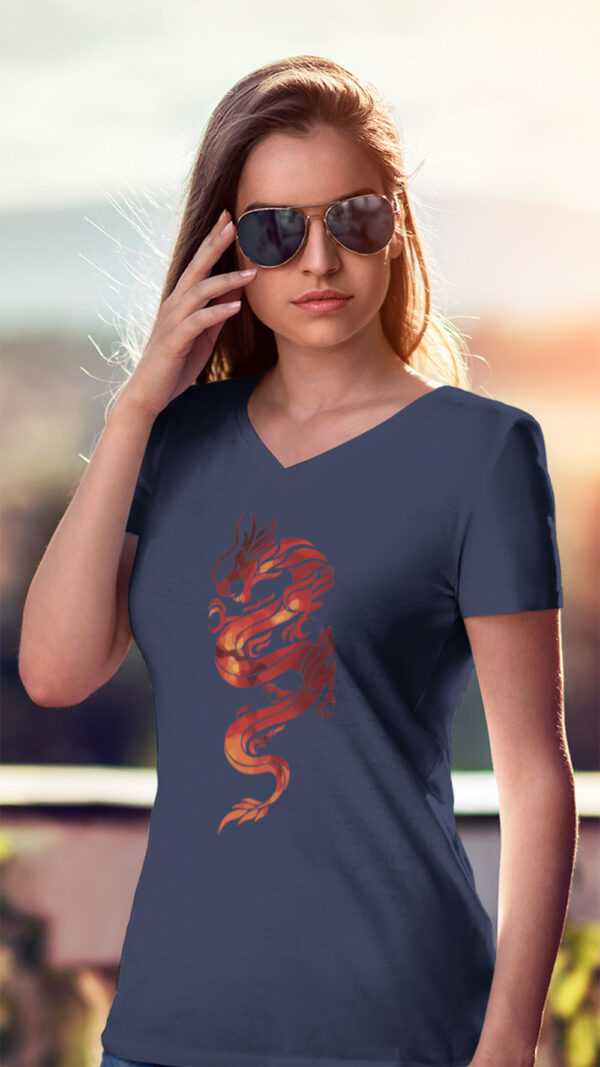 woman in purple shirt with red dragon art