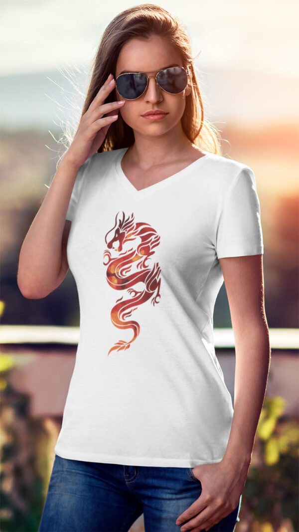 woman in white shirt with red dragon art