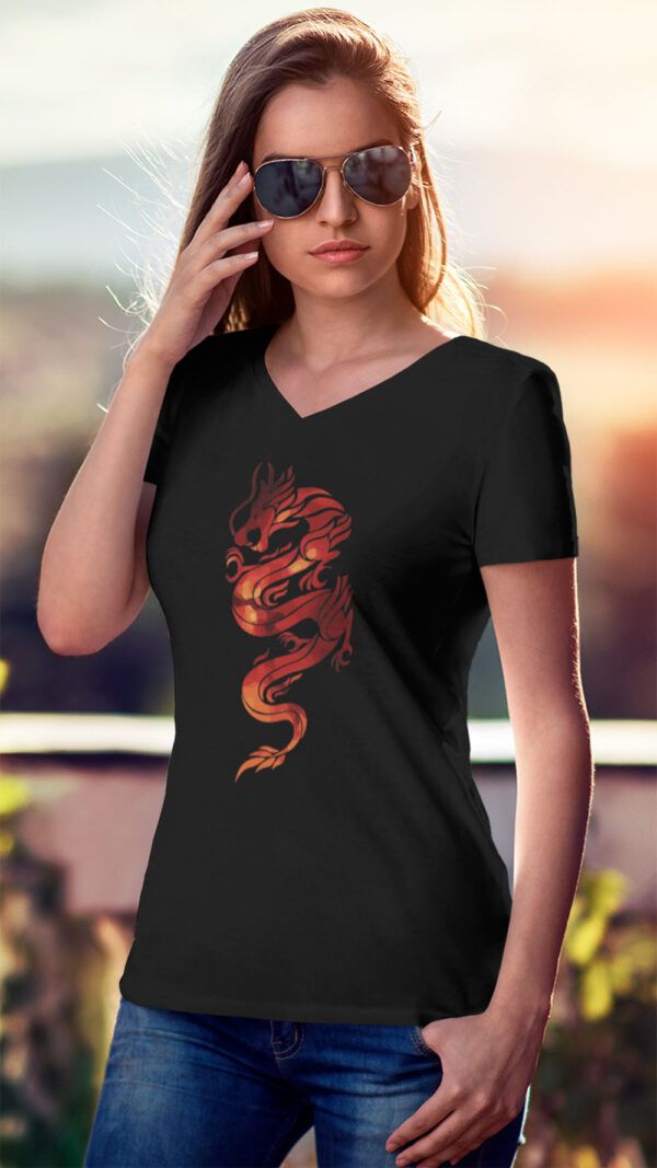 woman in black shirt with red dragon art