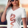 woman in white shirt with red dragon art