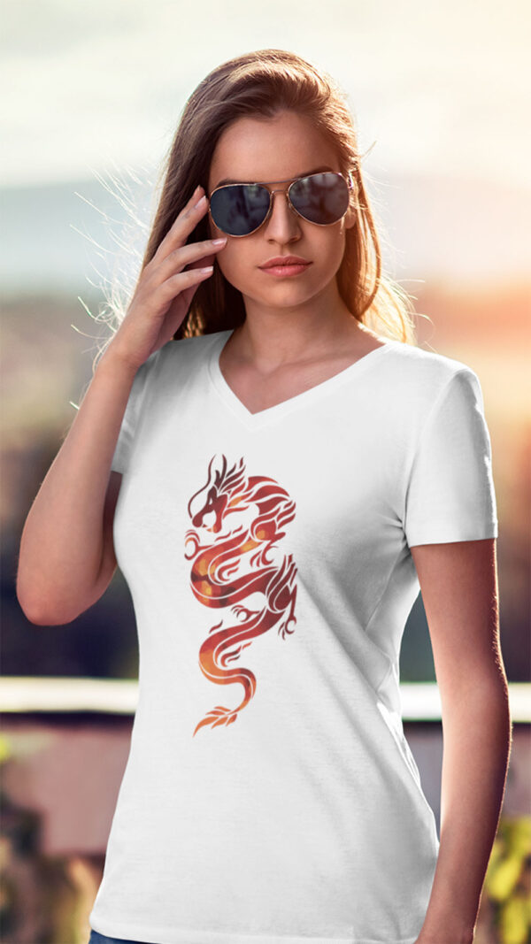 woman in white shirt with red dragon art