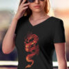 woman in black shirt with red dragon art