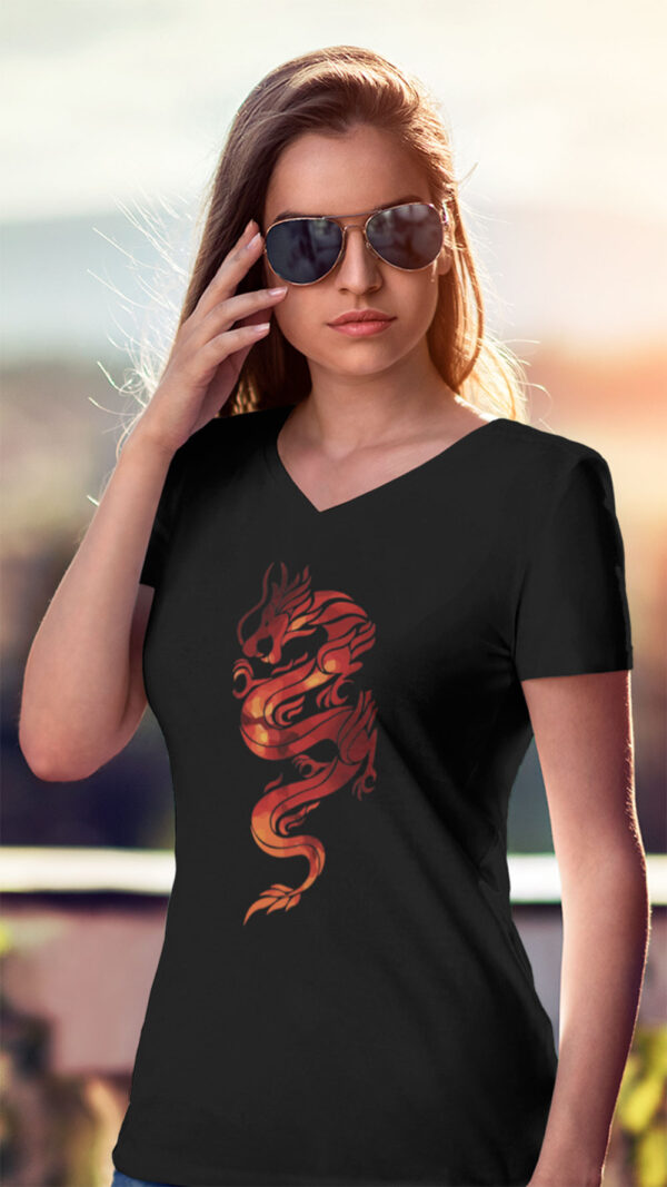 woman in black shirt with red dragon art