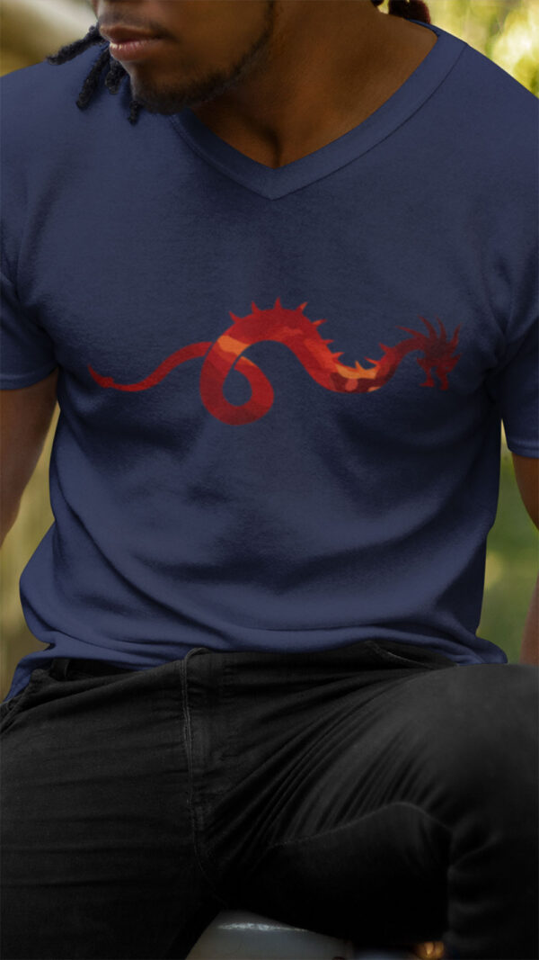 man in blue shirt with dragon art