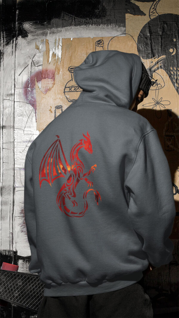 man in black hoodie with red dragon art