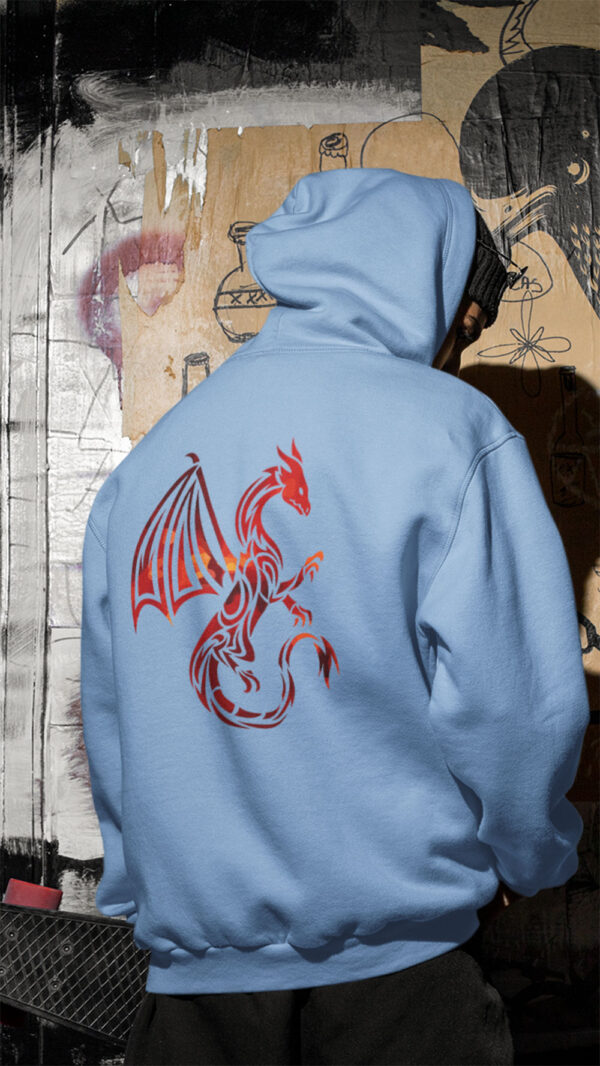 man in blue hoodie with red dragon art