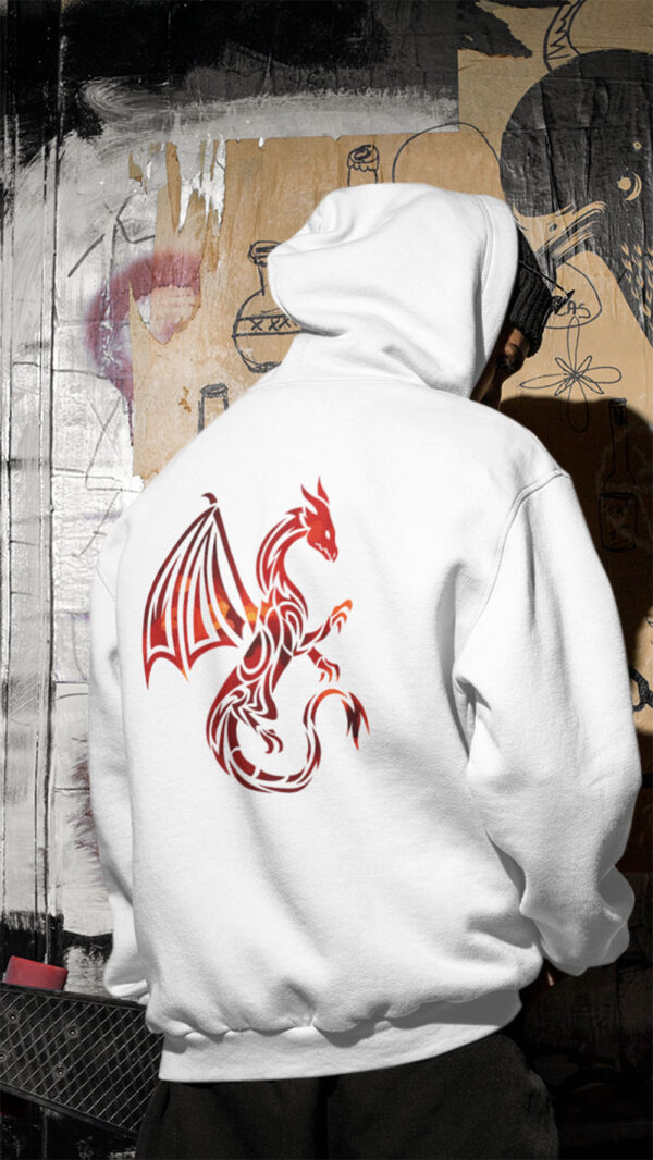man in white hoodie with red dragon art