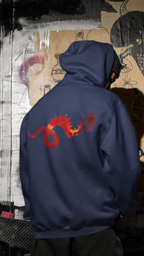 man in blue hoodie with dragon art