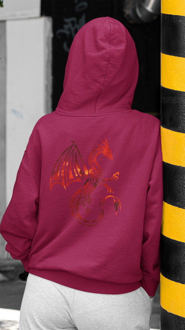 women in red hoodie with red dragon art