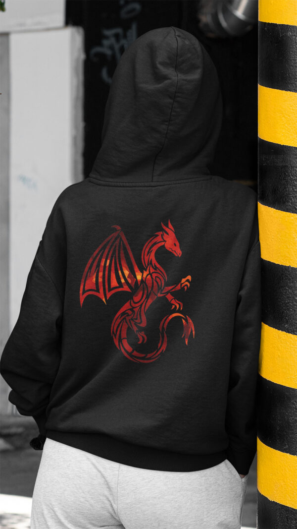 woman in black hoodie with red dragon art