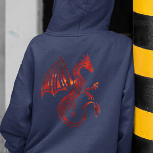 women in blue hoodie with red dragon art