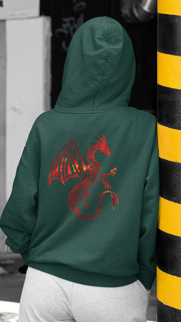 women in green hoodie with red dragon art