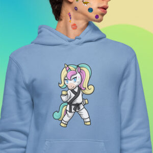 man wearing blue hoodie with karate unicorn art and stickers on his face
