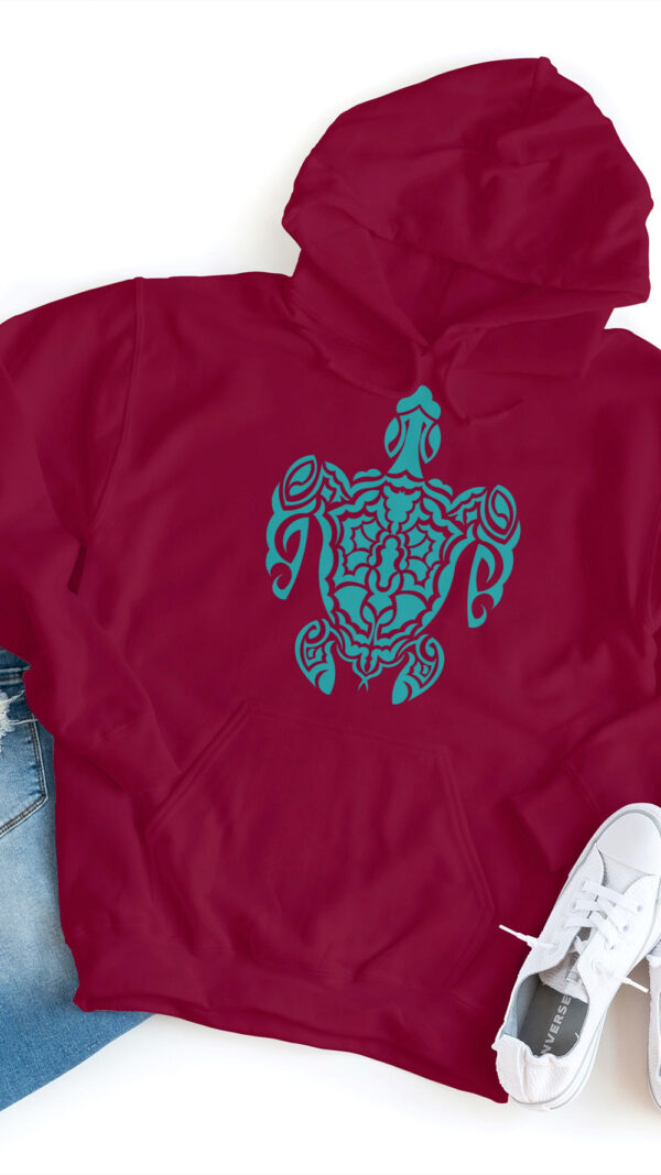 red hoodie with green turtle art