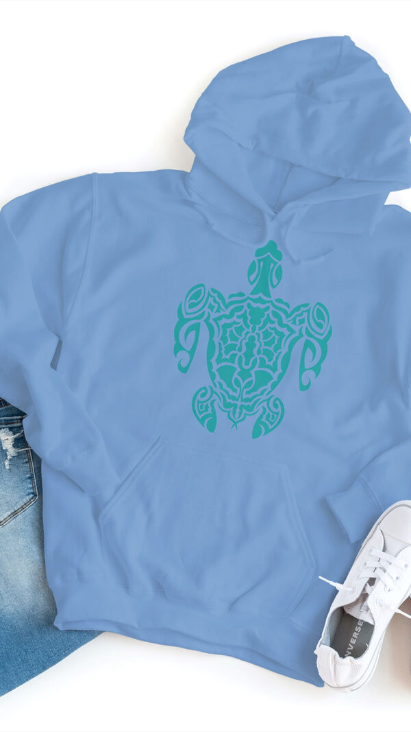 blue hoodie with green turtle art