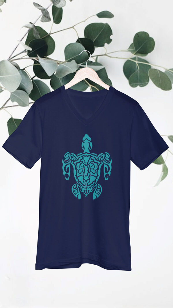 blue shirt with green turtle art