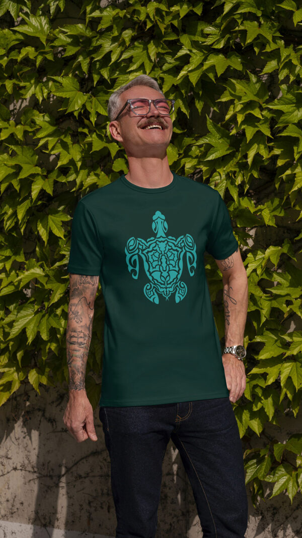 man in green shirt with green turtle art