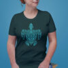 woman in green shirt with green turtle art