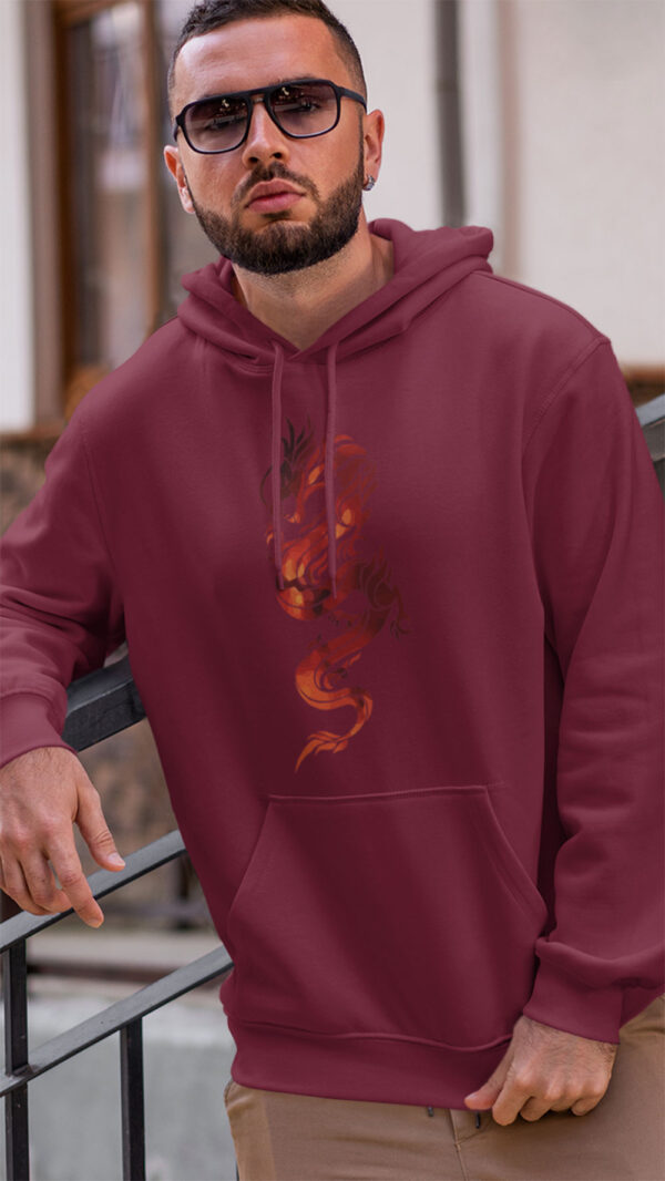 man in red hoodie with red dragon art