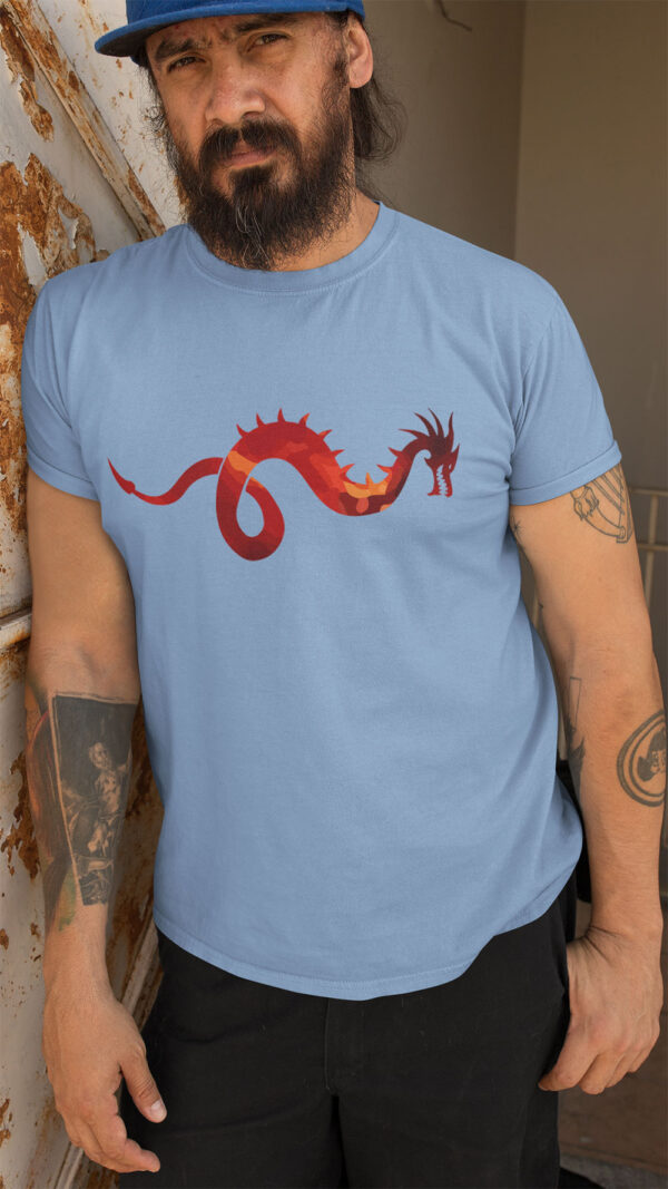 man in blue shirt with dragon art