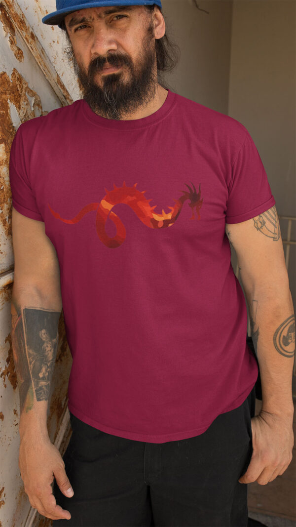 man in red shirt with dragon art