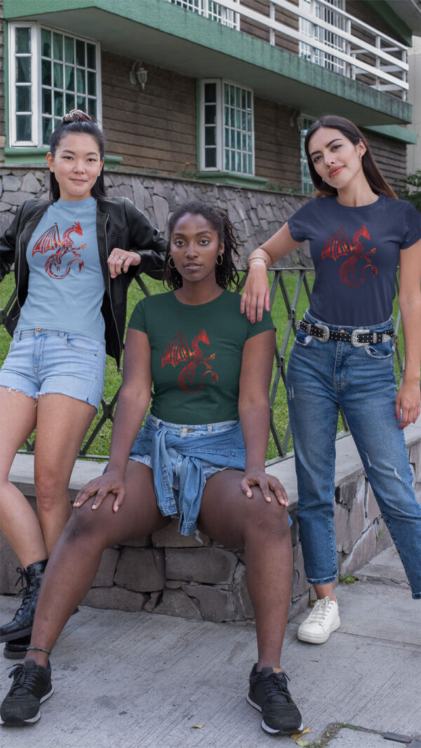 women in shirts with red dragon art