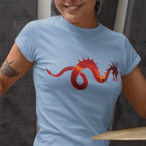 woman in blue shirt with dragon art playing drums