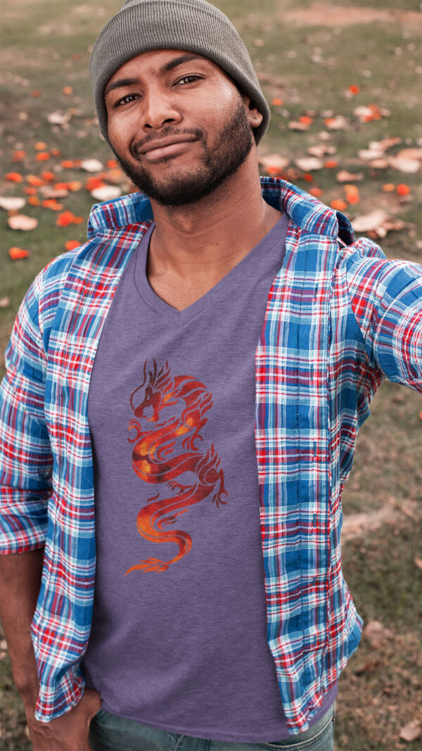 man in purpleshirt with red dragon art