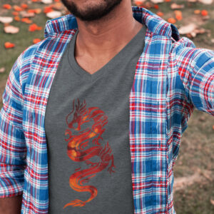 man in gray shirt with red dragon art