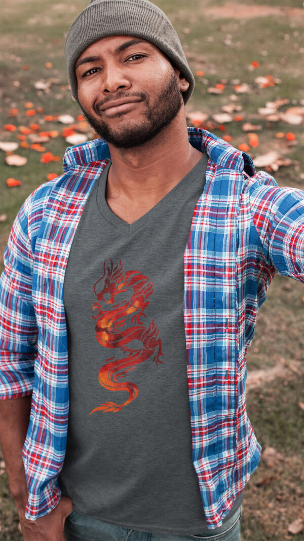 man in gray shirt with red dragon art