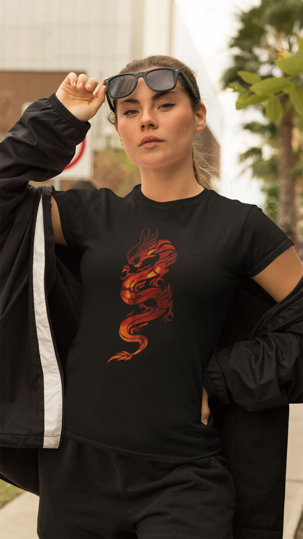 woman in black shirt with red dragon art