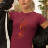 woman in red shirt with red dragon art