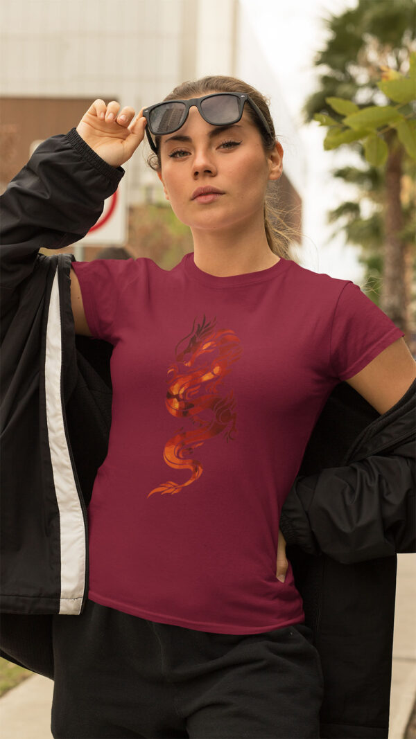 woman in red shirt with red dragon art