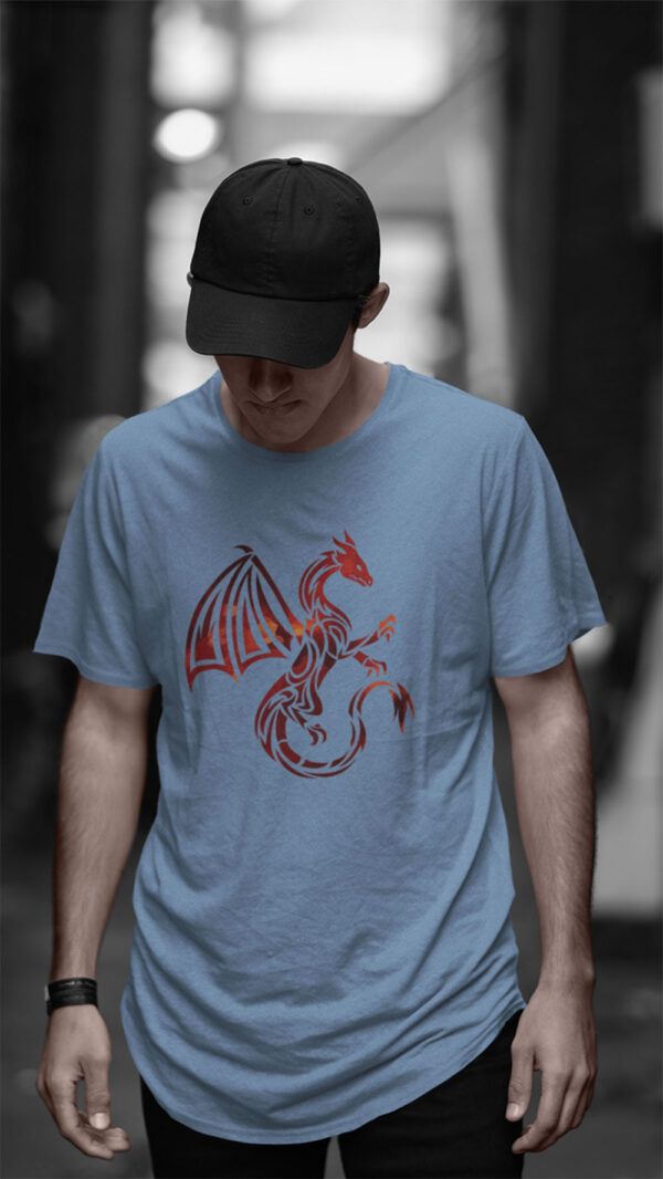 man in blue shirt with red dragon art