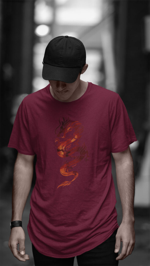 man in red shirt with red dragon art