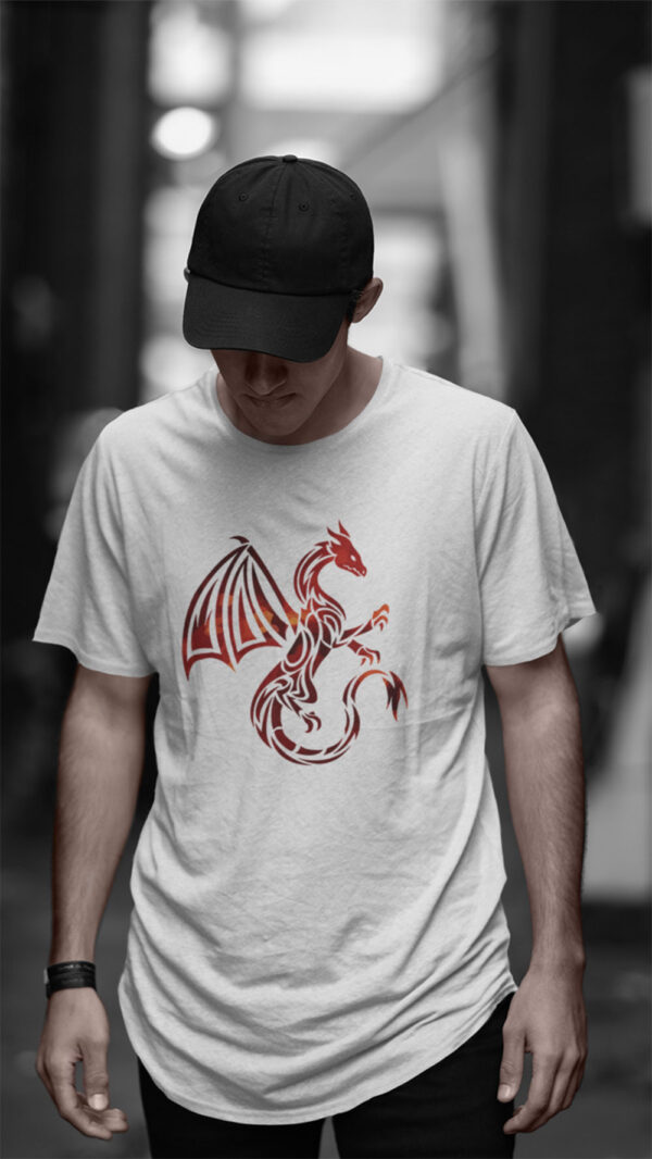 man in white shirt with red dragon art