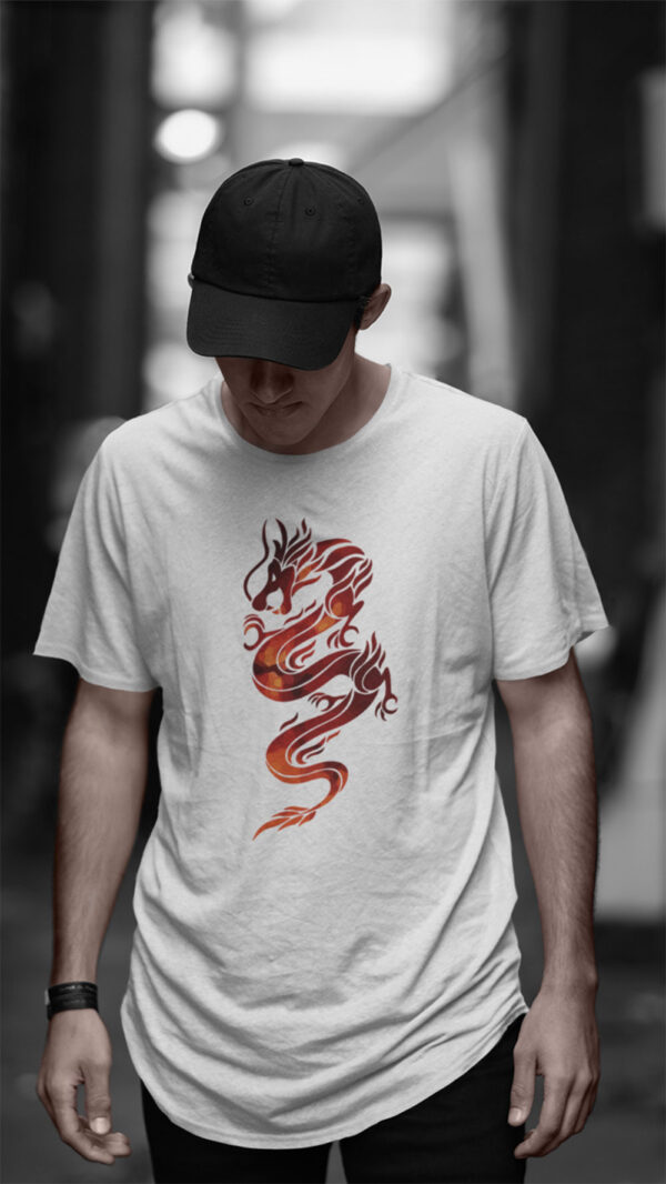 man in white shirt with red dragon art