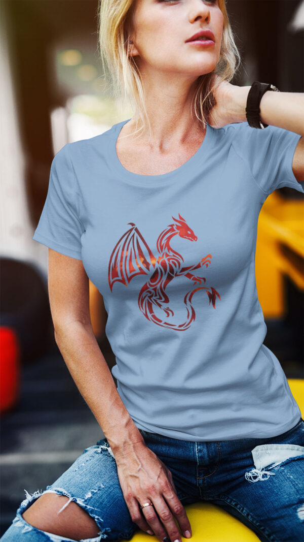woman in bleu shirt with red dragon art