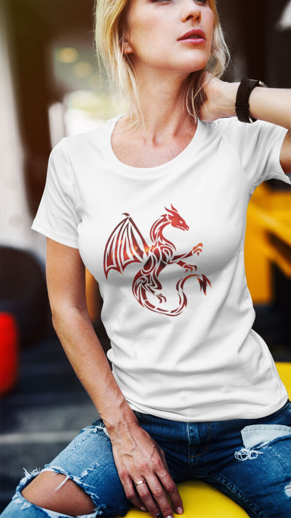 woman in white shirt with red dragon art
