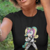 woman wearing black shirt with karate unicorn art
