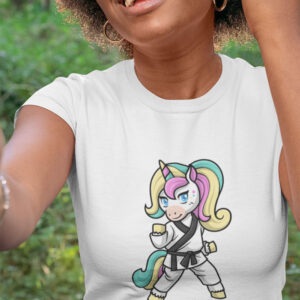 woman wearing white shirt with karate unicorn art